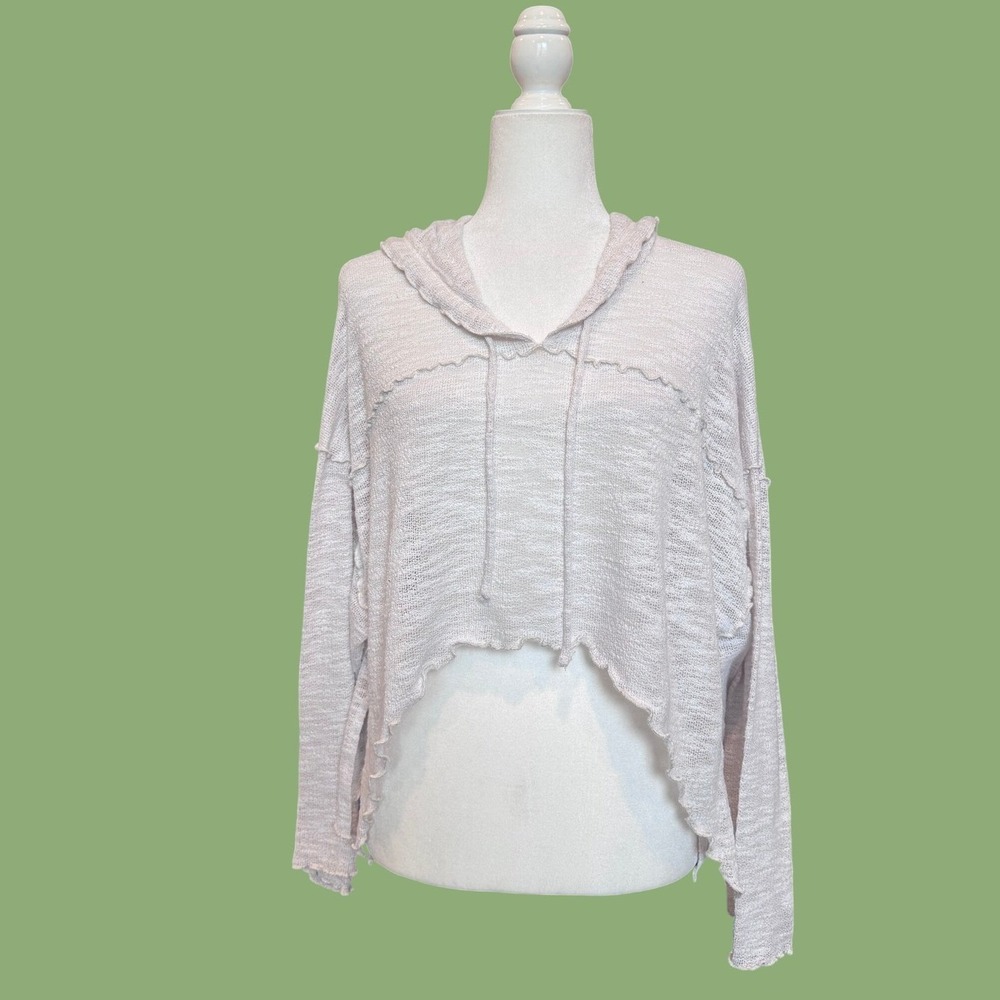Free People Beach Hooded Knit Top Womens M Pink Cropped Raw Hem Boho Hoodie
